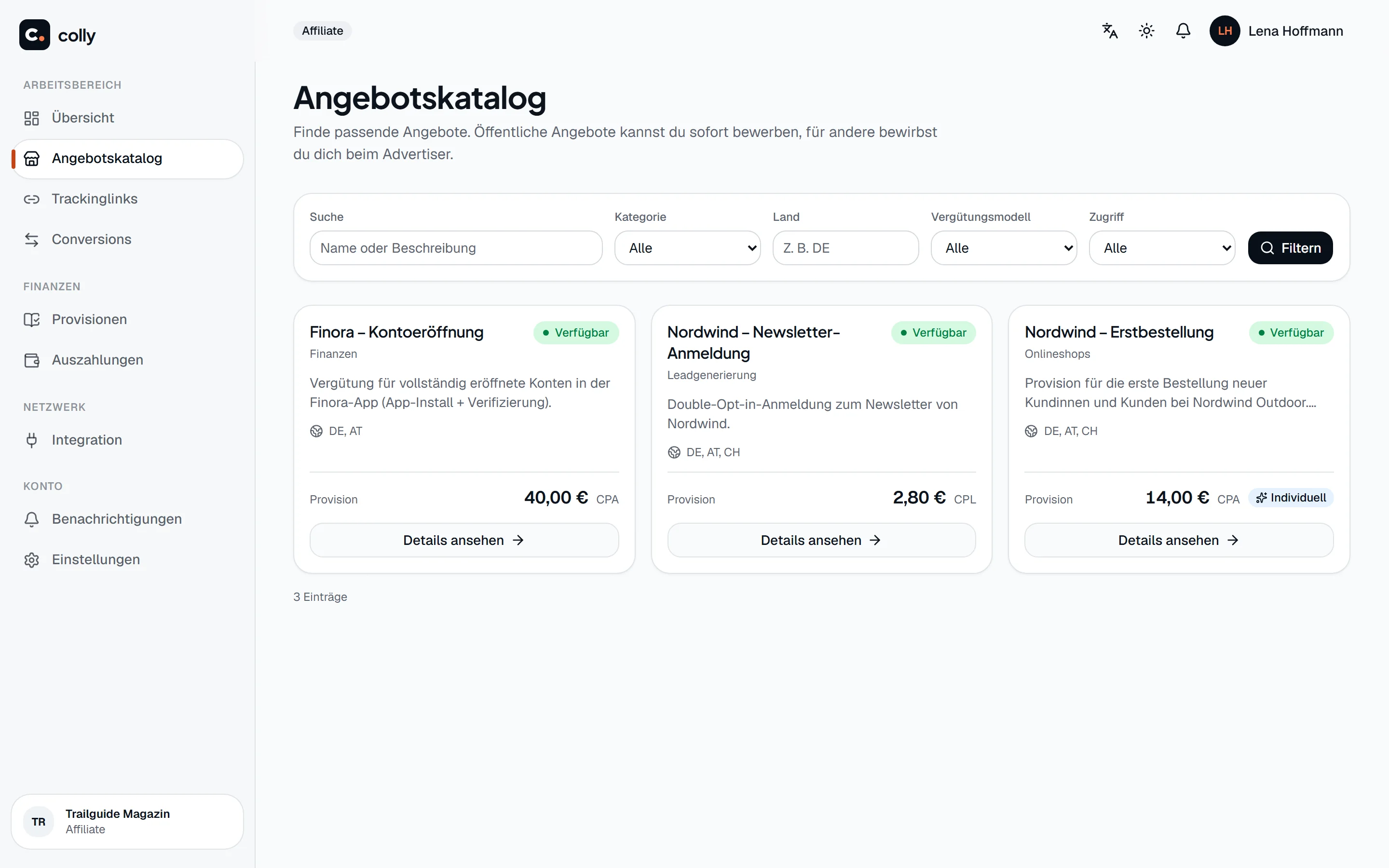 Angebotskatalog mit Provision, Ländern und Status je Angebot