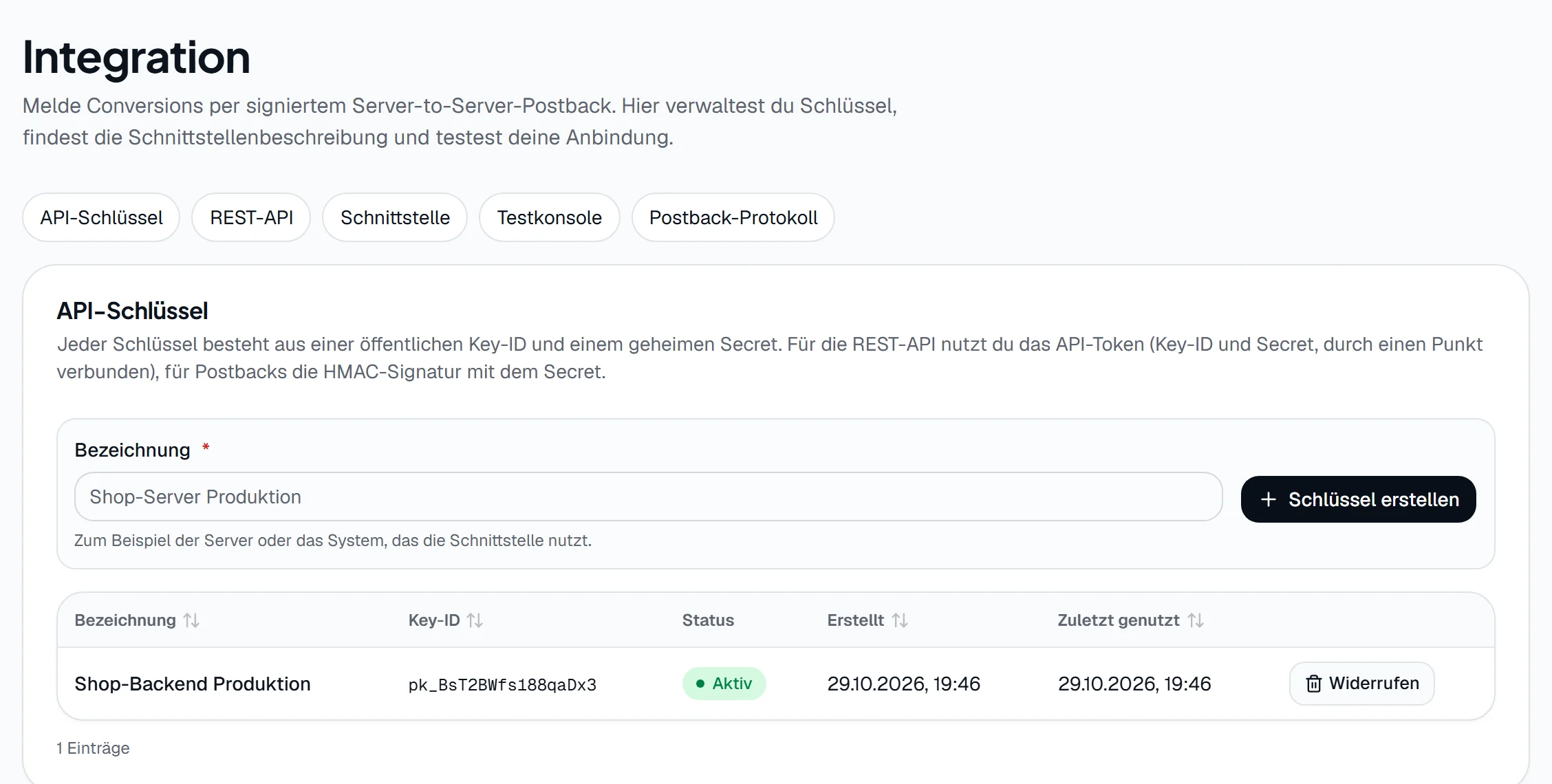 Integrationsbereich mit API-Schlüssel, Status und letzter Nutzung